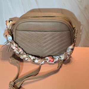 New Crossbody Handbag w/ Detachable Scarf Chain Handle, Tan